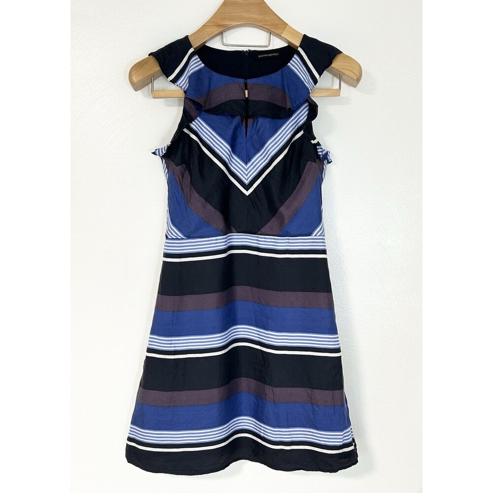 Banana Republic 100% Silk Dress Size 8 Petite Blue Stripe Ruffle